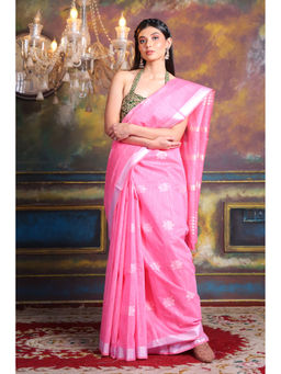CHARUKRITI - Blended Silk Pink Soft Saree with Geometric Motiff and Unstitched Blouse