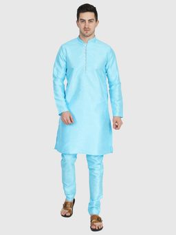 TAHVO - Men Solid Dupion Blue Kurta with Pyjama