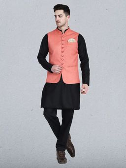 TAHVO - Men Solid Black Kurta with Pyjama and Nehru Jacket