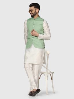 TAHVO - Men Solid White Kurta with Pyjama and Nehru Jacket