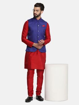 TAHVO - Men Solid Red Kurta with Pyjama and Nehru Jacket