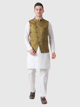 TAHVO - Men Solid White Kurta with Pyjama and Nehru Jacket