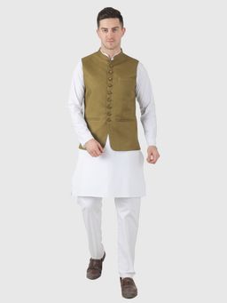 TAHVO - Men Solid White Kurta with Pyjama and Nehru Jacket