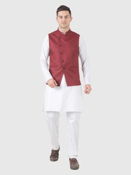 TAHVO - Solid White Kurta with Pyjama and Nehru Jacket