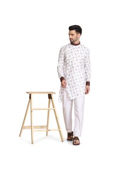TAHVO - Men Floral Printed White Kurta with Pyjama