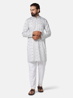 TAHVO - Men Geometric Printed White Kurta with Pyjama
