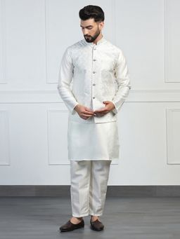 TAHVO - Men Solid White Kurta with Pant and Nehru Jacket