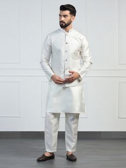 TAHVO - Men Solid White Kurta with Pant and Nehru Jacket