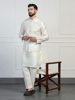 TAHVO - Men Solid White Kurta with Pant and Nehru Jacket