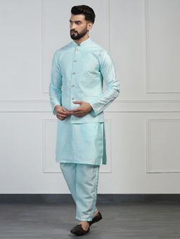 TAHVO - Men Solid Blue Kurta with Pant and Nehru Jacket