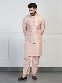 TAHVO - Men Solid Peach Kurta with Pant and Nehru Jacket
