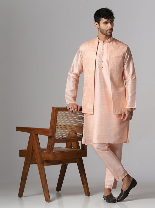 TAHVO Whisper Peach Kurta with Pant and Nehru Jacket