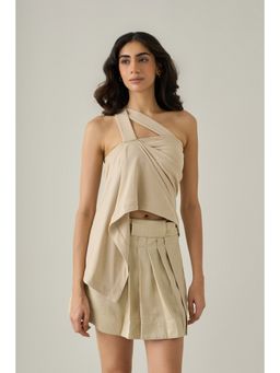 No Grey Area - Beige One Shoulder Draped Top