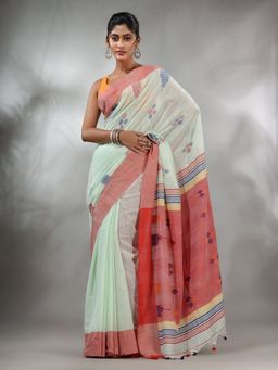 CHARUKRITI - Pistachio Green Cotton Handspun Handwoven Saree with Thread Work & Unstitched Blouse