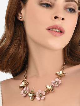 Lilly & Sparkle - Gold Toned Necklace with Gold Pink Flower and Stud Earrings (Set of 2)