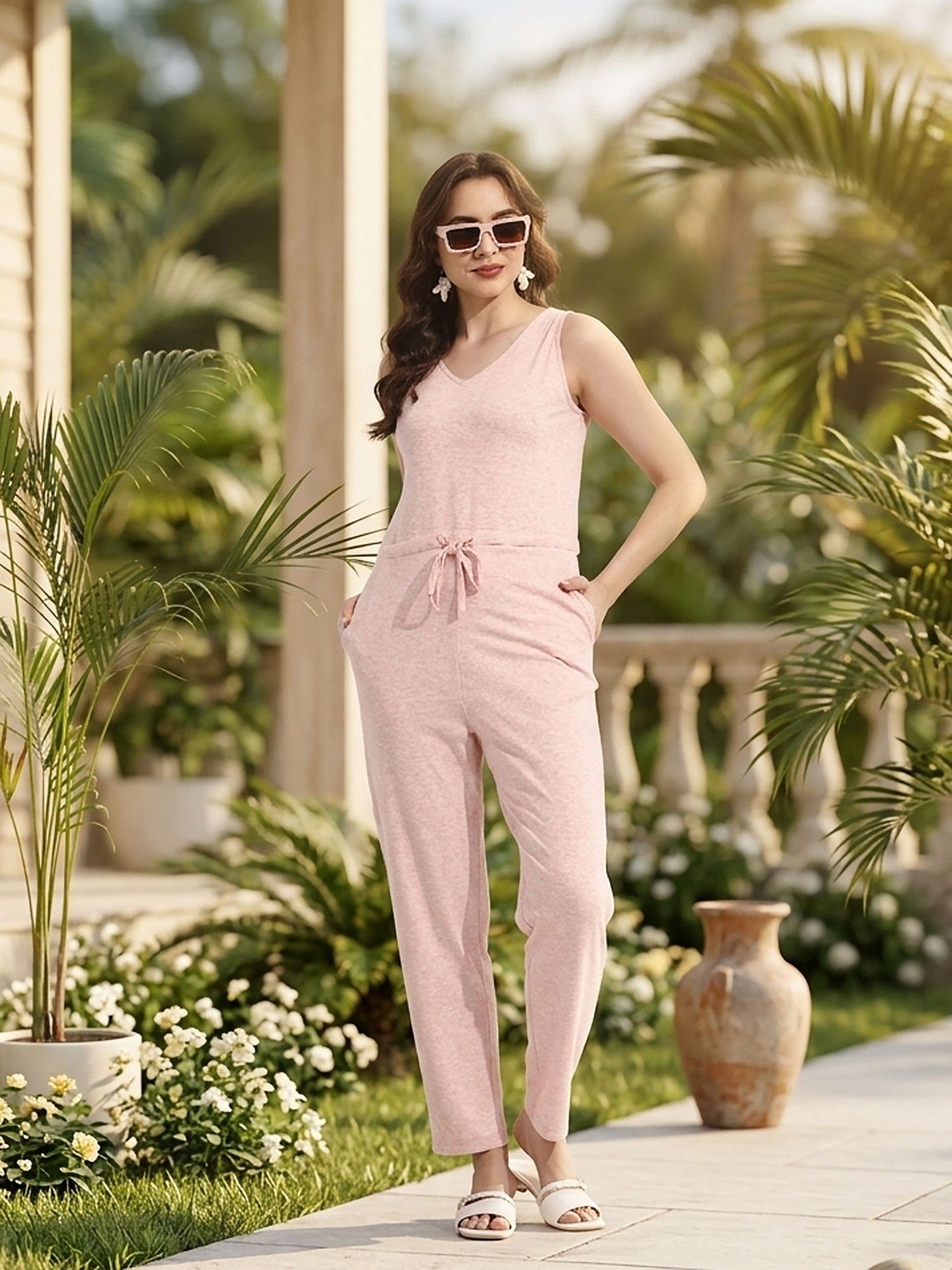 brinns Pink V-Neck Pure Cotton Basic Jumpsuit-picture-43