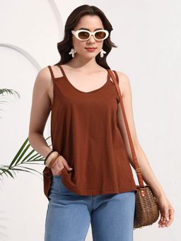 BRINNS - Cotton Brown Solid Scoop Neck Sleeveless Tank Top
