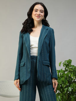 Oxolloxo - Women Teal Long Sleeve Open Collared Poly Stripe Dobby Front Pockets Blazer