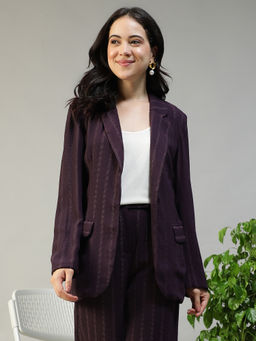 Oxolloxo - Women Purple Long Sleeve Open Collared Poly Stripe Dobby Front Pockets Blazer