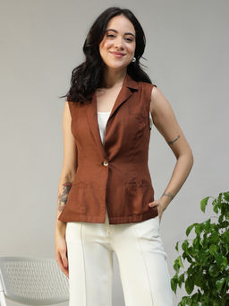 Oxolloxo - Women Solid Brown Sleeveless Viscose Slub Front Pockets Blazer