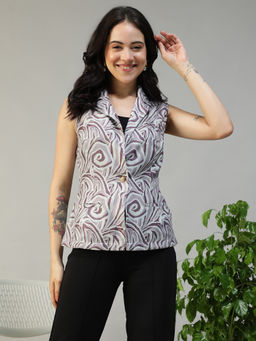 Oxolloxo - Women Multicolor Abstract Print Sleeveless Viscose Slub Front Pockets Blazer