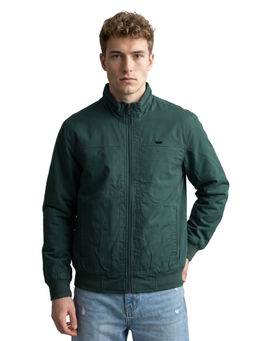 Monte Carlo - Green Solid Cotton Blend Regular Bomber Jacket