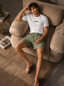 Van Heusen - Olive Solid Pure Cotton Relaxed Shorts