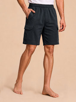 Van Heusen - Black Solid Cotton Blend Relaxed Shorts