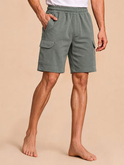 Van Heusen - Green Solid Cotton Blend Relaxed Shorts