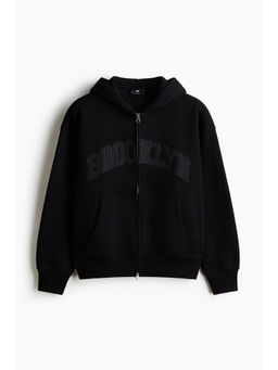 H&M - Men Black Oversized Fit Printed zip-through hooded JAcket
