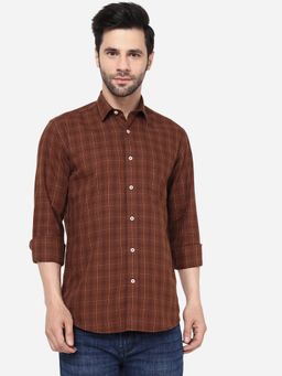 JadeBlue - Mens Checked Brown Slim Fit Full Sleeve Semi Casual Shirt