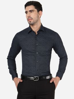 Wyre - Mens Printed Navy Blue Slim Fit Full Sleeve Party Wear Shirt