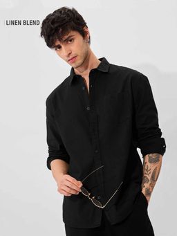 The Souled Store - Solid- Midnight Black Cotton Linen Shirt