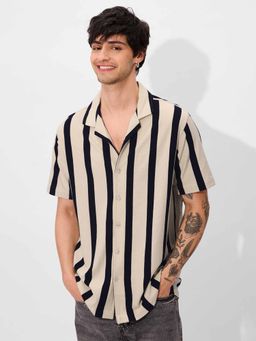 The Souled Store - Stripes- Black and Off-White Men Textured Shirt