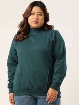 theRebelinme - Plus Size Women Teal Solid Color High Neck Fleece Sweatshirt