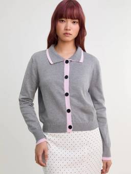 Pomelo - Contrast Trim Cardigan - Mid Grey