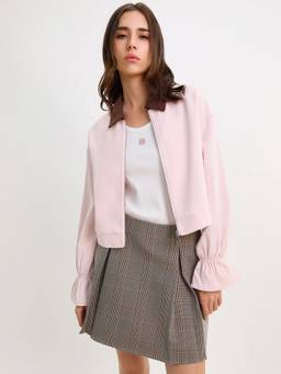 Pomelo - Front Zip Puff Sleeve Jacket with Brown Collar - Pink