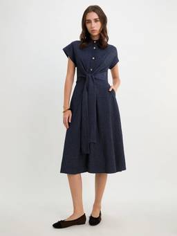 Pomelo - Tie Waist Midi Shirt Dress - Navy Blue