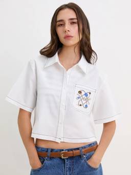 Pomelo - Contrast Stitch Crop Shirt - White