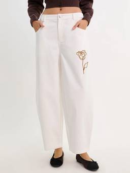 Pomelo - Rose Embroidered Barrel Pants - White