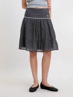 Pomelo - Striped Knee Length Skirt - Black