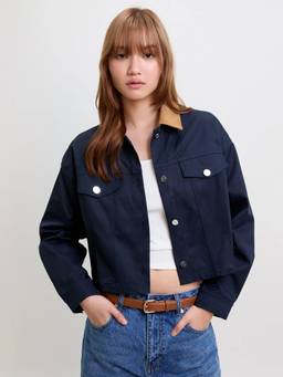 Pomelo - Contrast Collar Jacket - Navy Blue