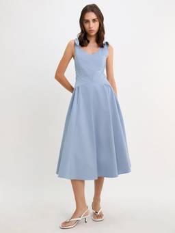 Pomelo - Tie Shoulder V-Neckline Flare Midi Dress - Baby Blue