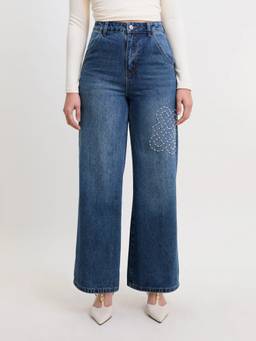 Pomelo - Wide Leg Jeans with Pearl Embellished Detail - Blue