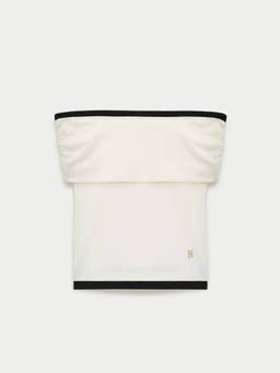 Pomelo - Off-Shoulder Contrast Trim Top with Draped Overlay Detail - Off-White