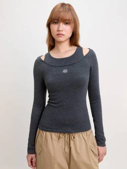 Pomelo - Long-Sleeve Layered Top With Shoulder Cut-Out Detail - Dark Grey