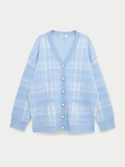 Pomelo - Plaid Knit Cardigan with Gold Dome Buttons Detail - Light Blue