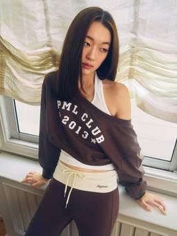 Pomelo - Layered Off-Shoulder Sweatshirt - Brown