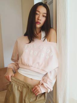 Pomelo - Layered Off-Shoulder Sweatshirt - Light Pink