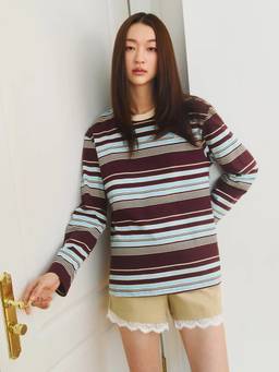 Pomelo - Striped Long Sleeve Tee - Baby Blue/Brown